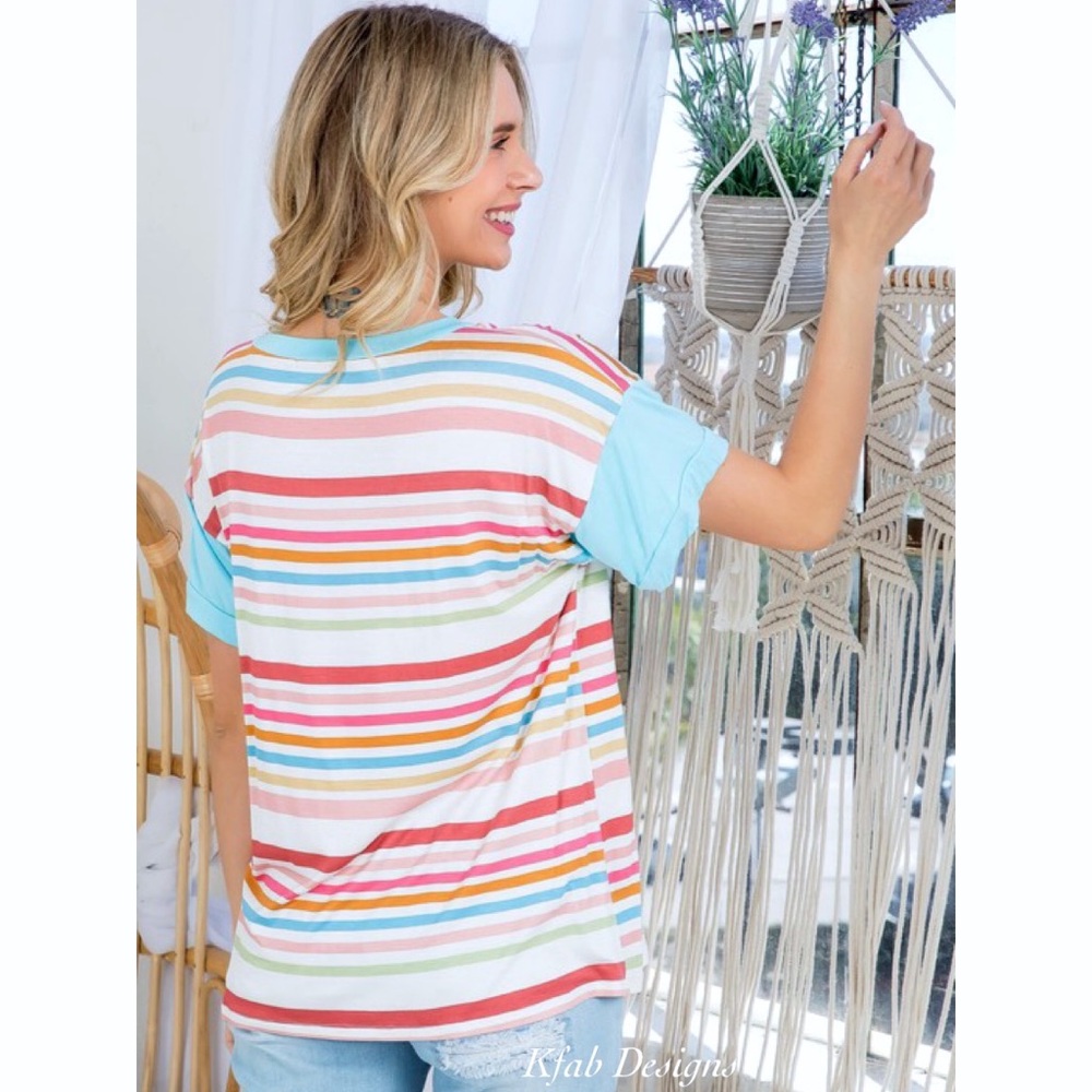 ❤️LAST! V Neck Super Soft Jersey Knit Multi Stripe Ruffle Sleeve Top! - Picture 10 of 11